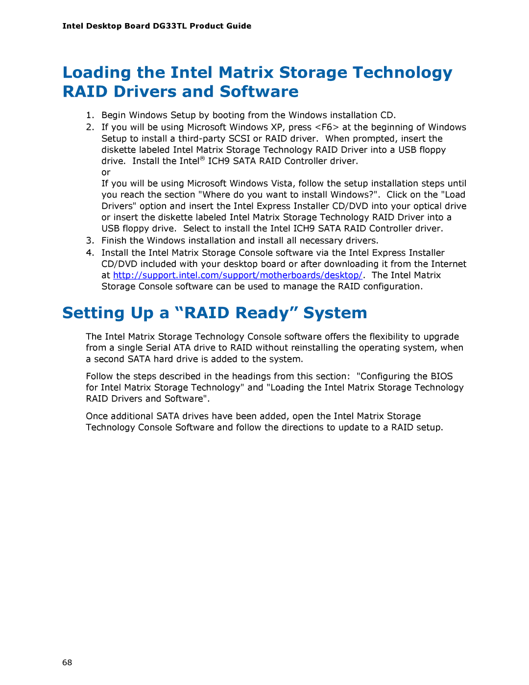 Intel DG33TL manual Setting Up a RAID Ready System 