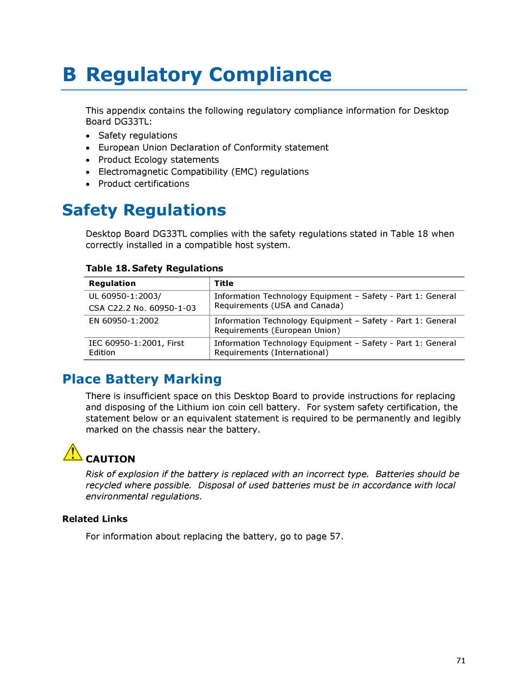 Intel DG33TL manual Regulatory Compliance, Safety Regulations, Place Battery Marking, Regulation Title 