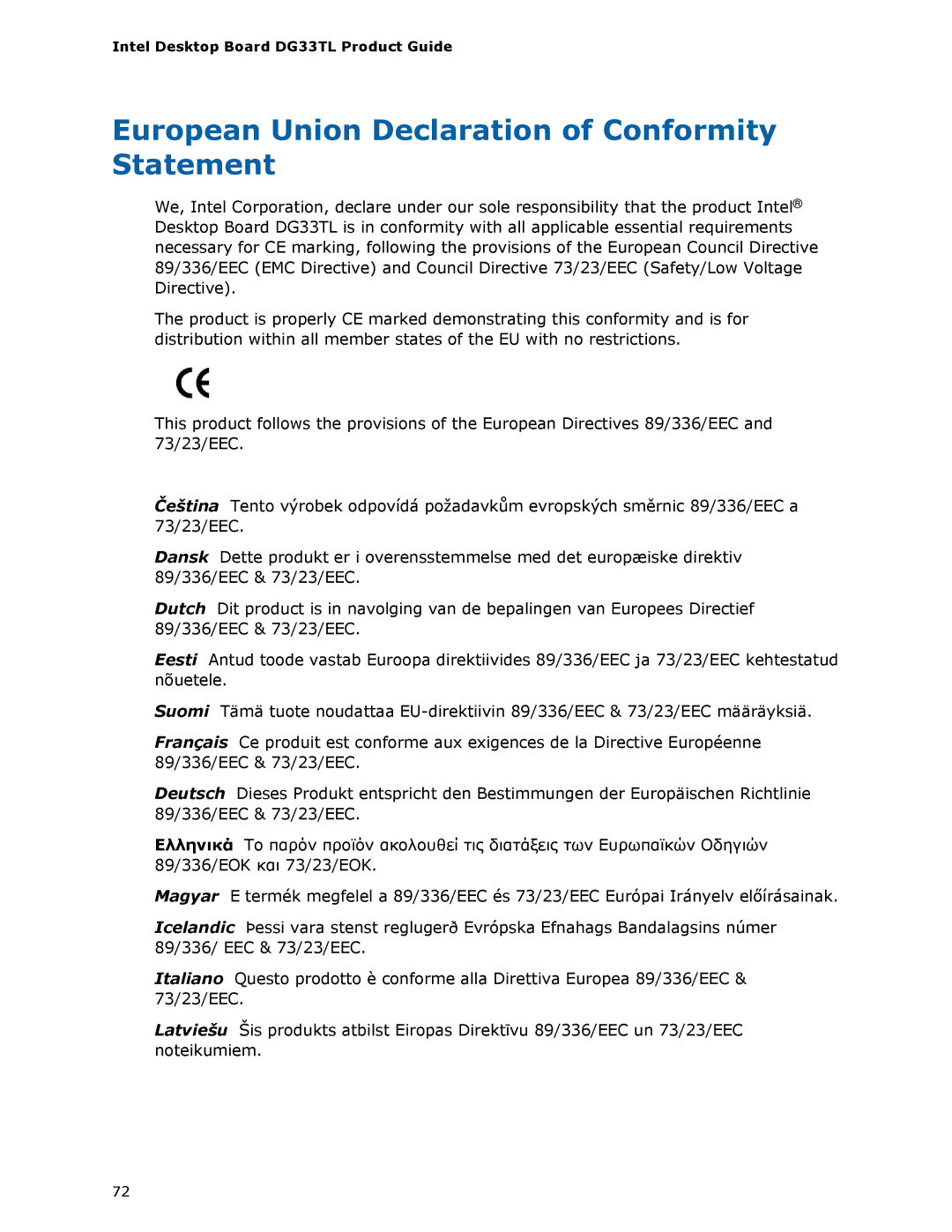 Intel DG33TL manual European Union Declaration of Conformity Statement 