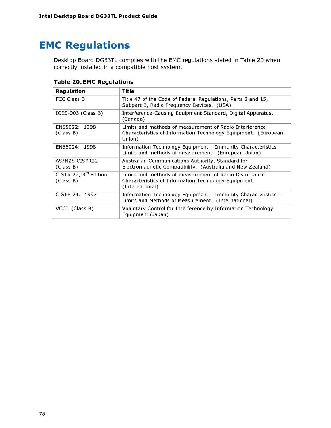 Intel DG33TL manual EMC Regulations 