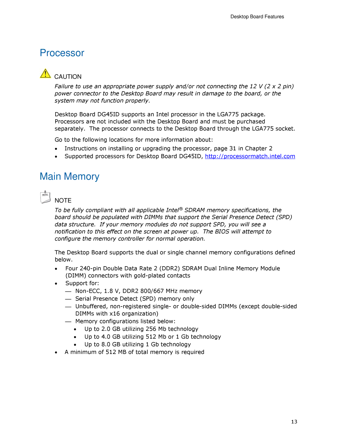 Intel DG45ID manual Processor, Main Memory 