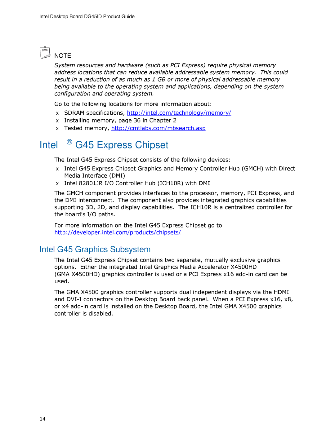 Intel DG45ID manual Intel G45 Express Chipset, Intel G45 Graphics Subsystem 