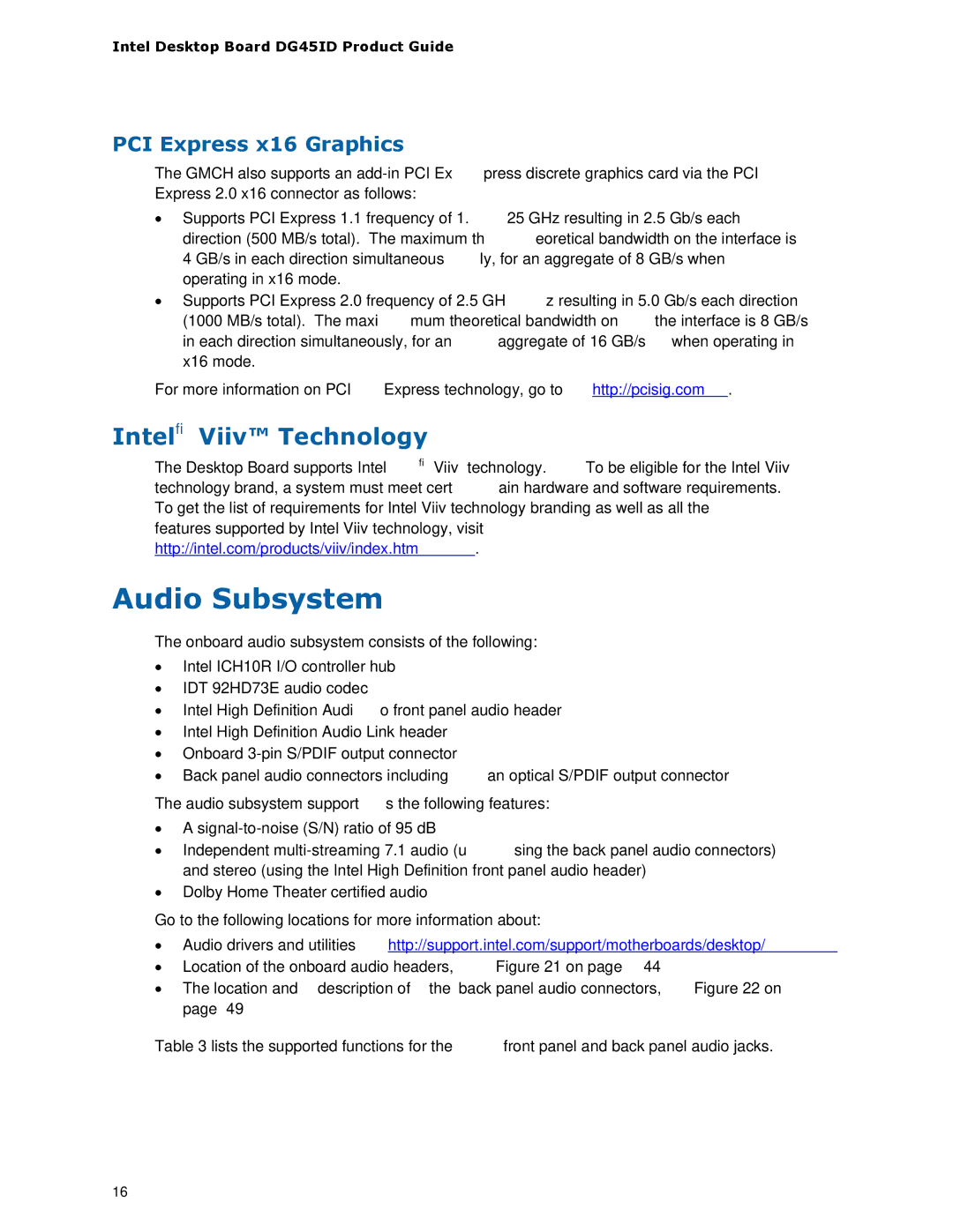 Intel DG45ID manual Audio Subsystem, Intel Viiv Technology, PCI Express x16 Graphics 