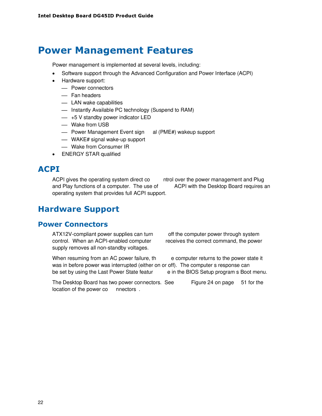 Intel DG45ID manual Power Management Features, Hardware Support, Power Connectors 