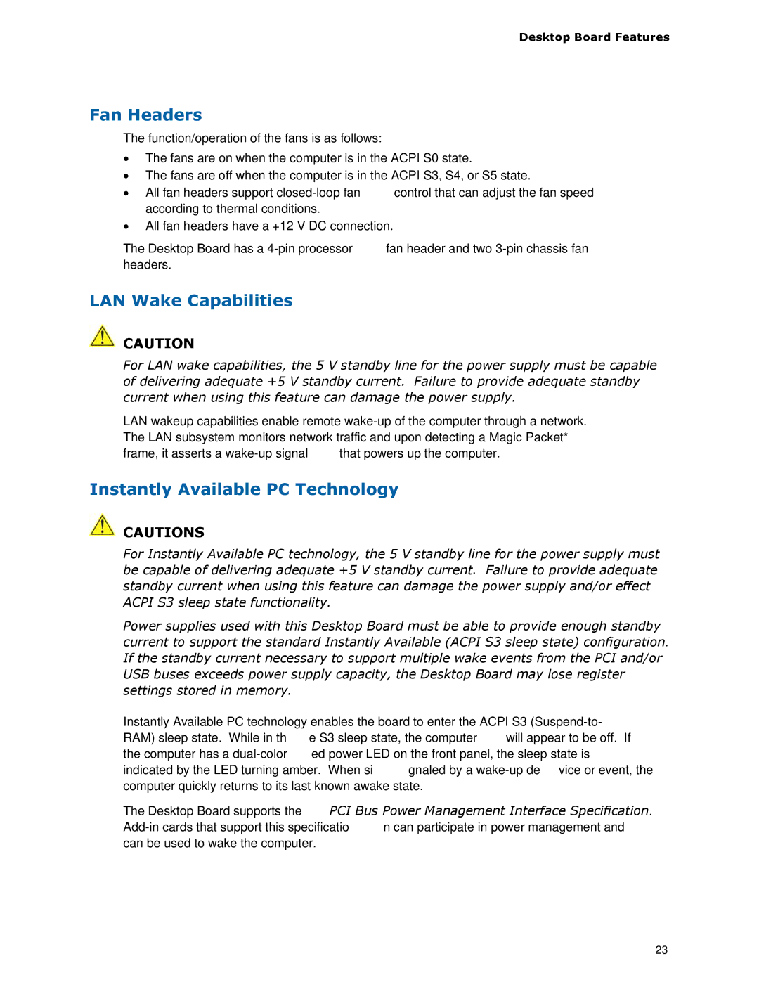 Intel DG45ID manual Fan Headers, LAN Wake Capabilities, Instantly Available PC Technology 