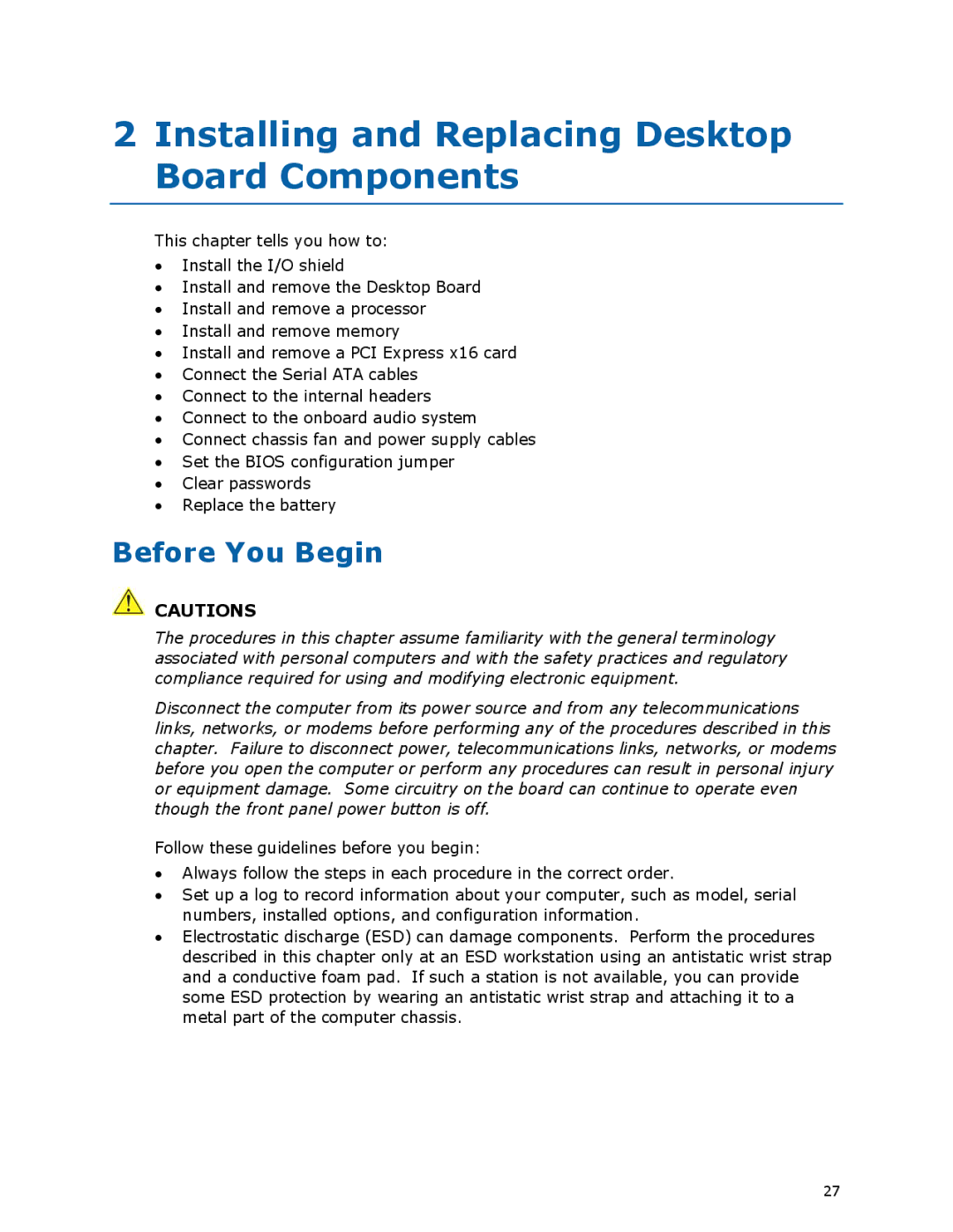 Intel DG45ID manual Installing and Replacing Desktop Board Components, Before You Begin 