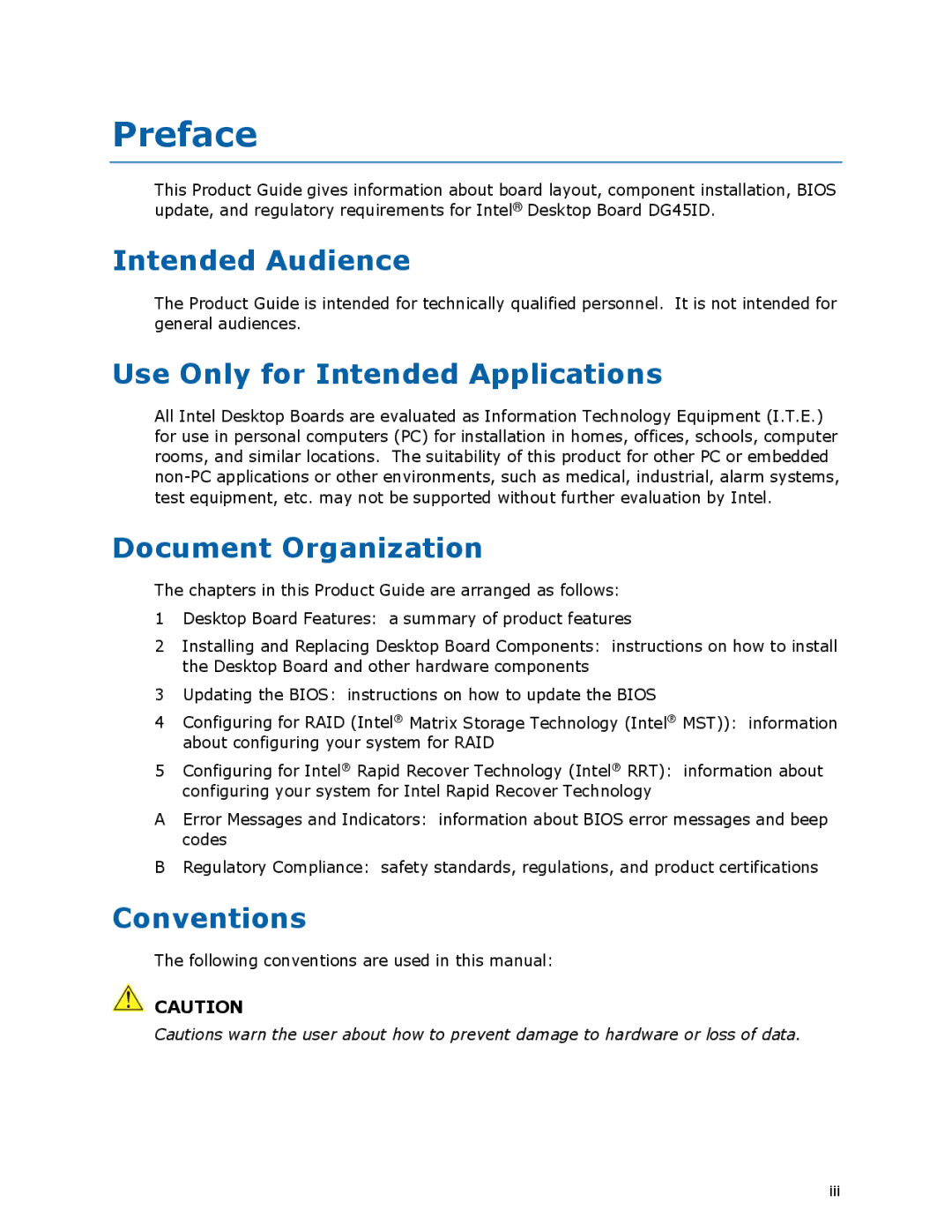 Intel DG45ID manual Preface, Intended Audience, Use Only for Intended Applications, Document Organization, Conventions 