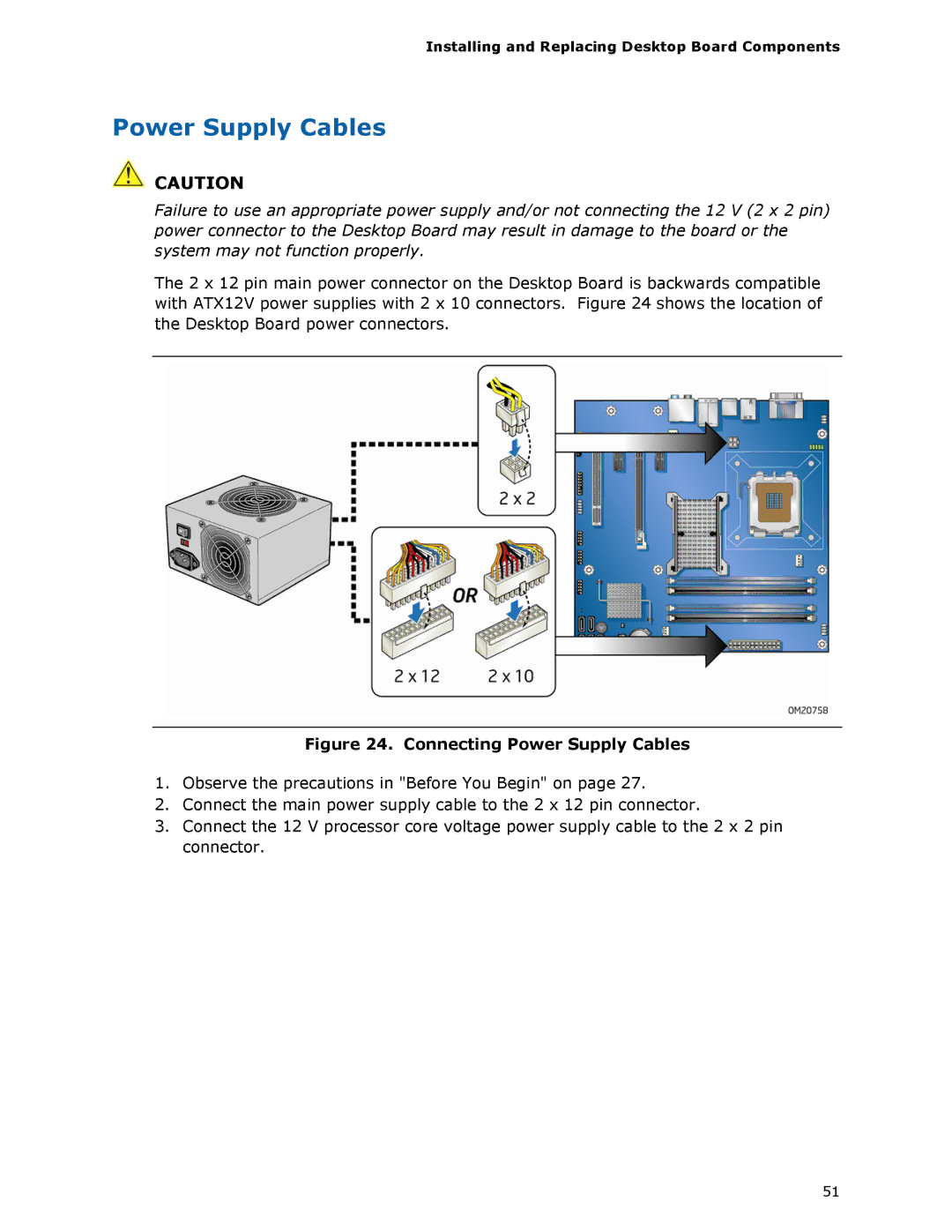 Intel DG45ID manual Connecting Power Supply Cables 