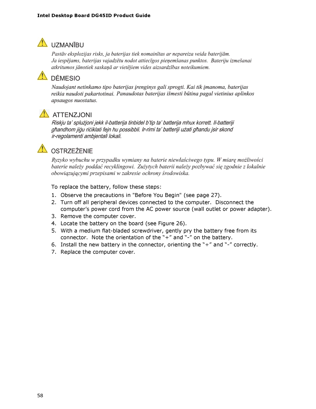 Intel manual Intel Desktop Board DG45ID Product Guide 