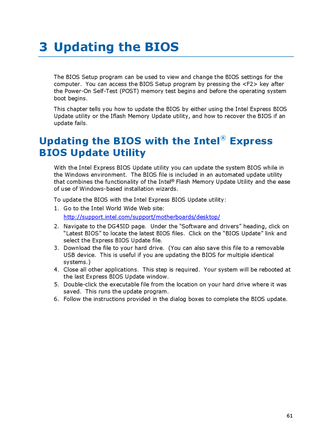 Intel DG45ID manual Updating the Bios with the Intel Express Bios Update Utility 