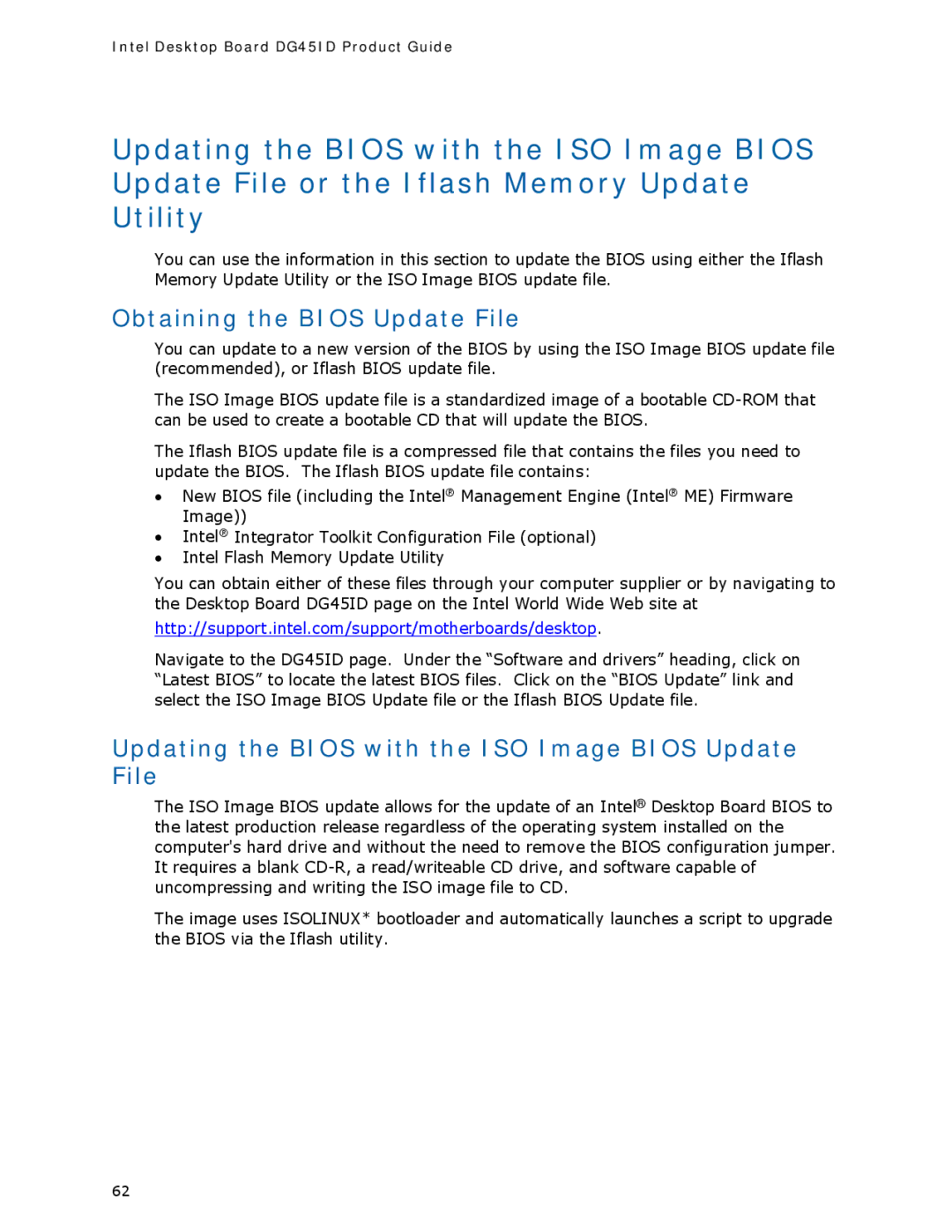 Intel DG45ID manual Obtaining the Bios Update File, Updating the Bios with the ISO Image Bios Update File 