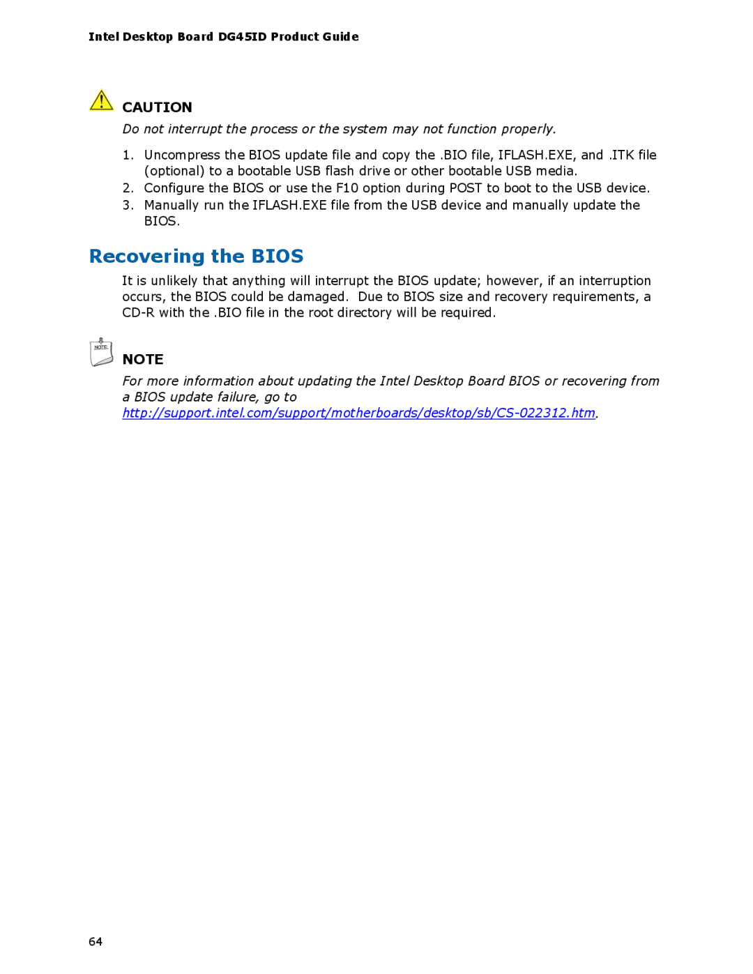 Intel DG45ID manual Recovering the Bios 