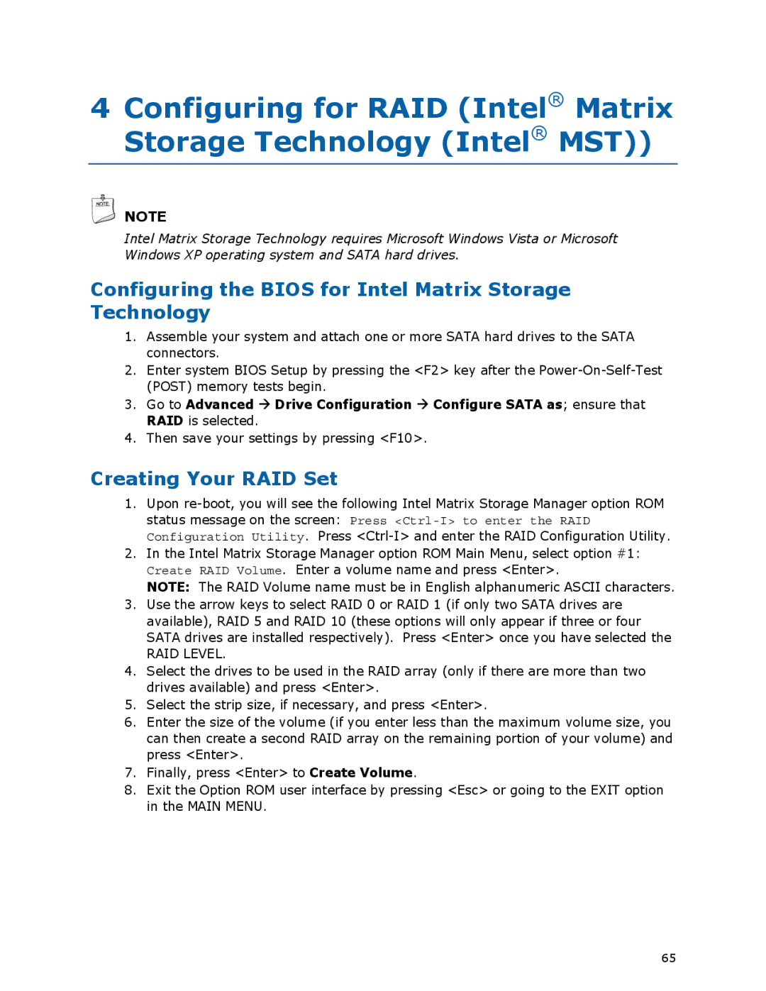 Intel DG45ID manual Configuring the Bios for Intel Matrix Storage Technology, Creating Your RAID Set 