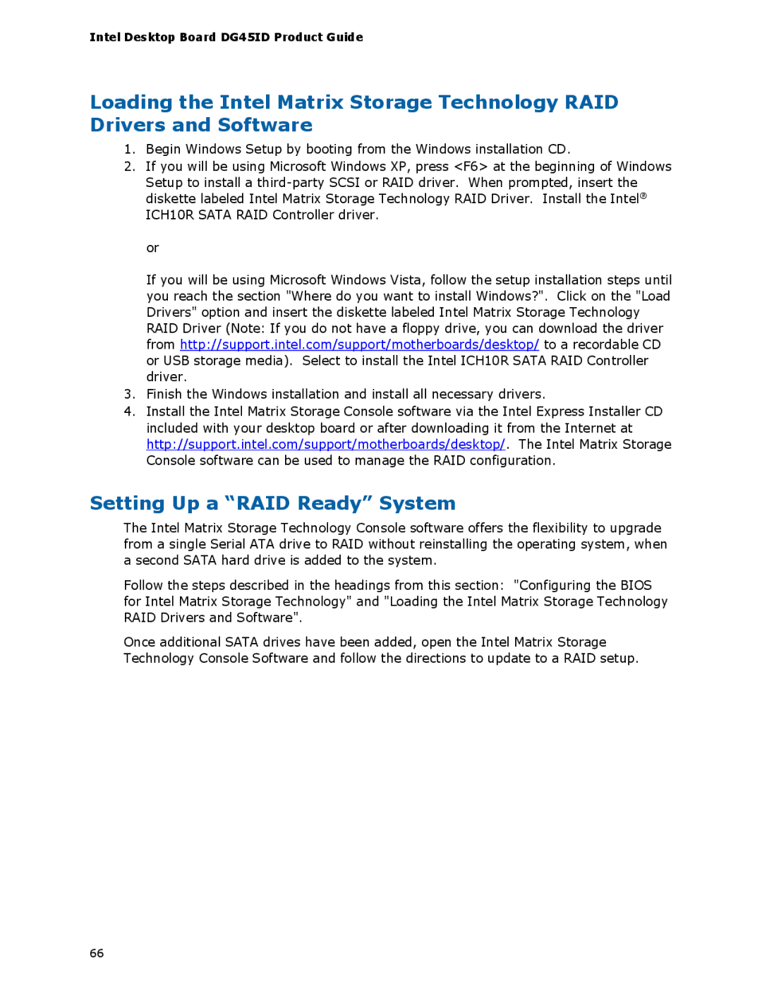 Intel DG45ID manual Setting Up a RAID Ready System 