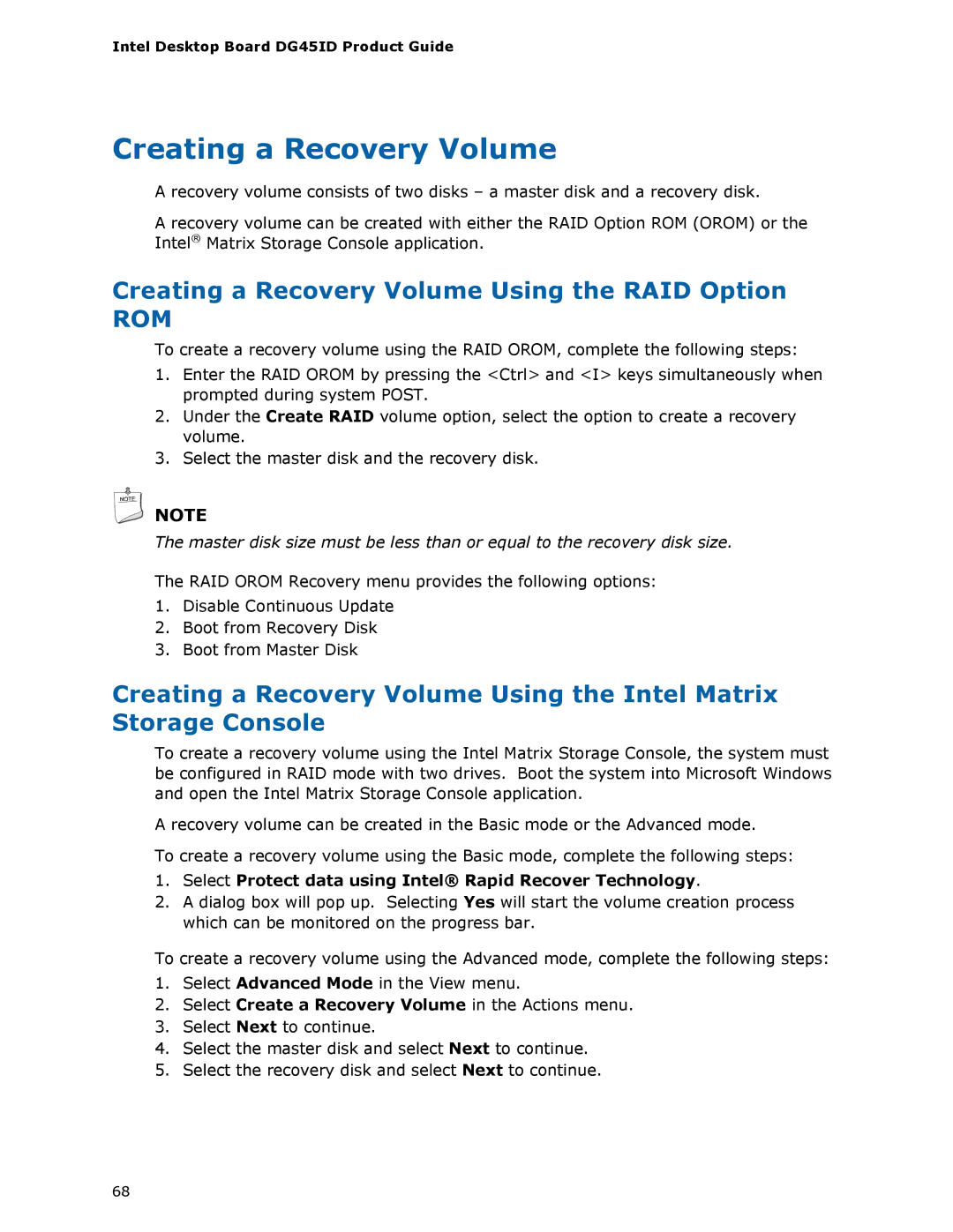 Intel DG45ID manual Creating a Recovery Volume Using the RAID Option 