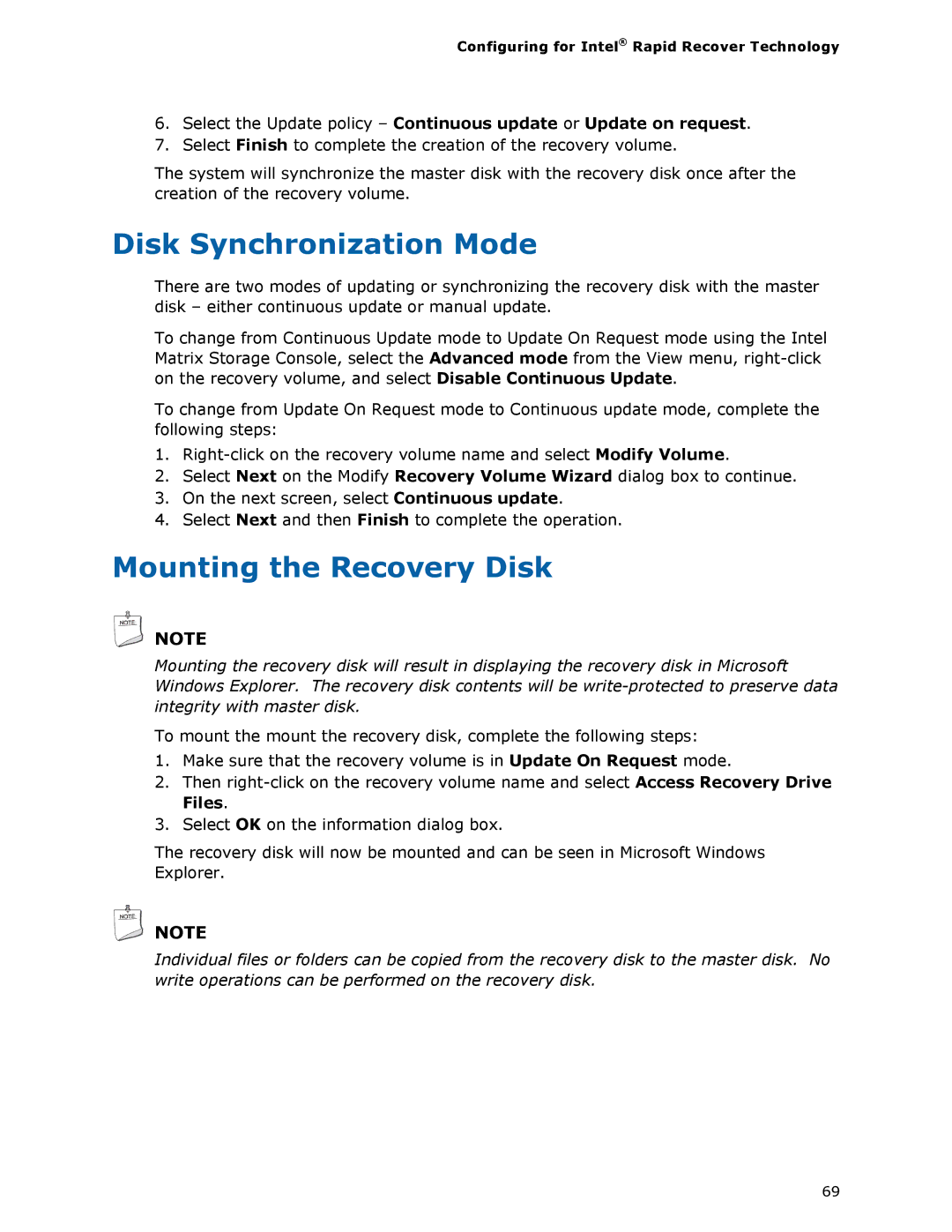 Intel DG45ID manual Disk Synchronization Mode, Mounting the Recovery Disk, Configuring for Intel Rapid Recover Technology 