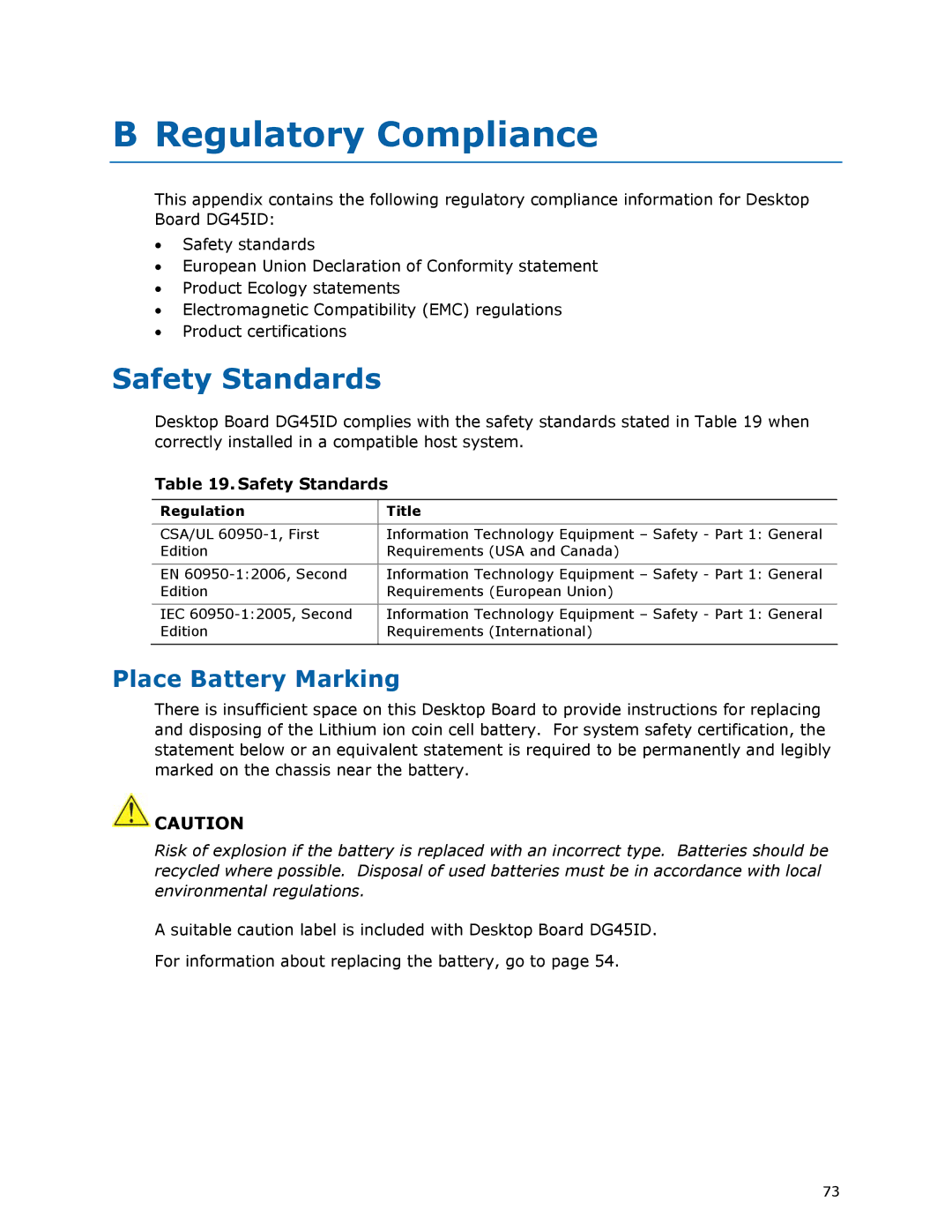 Intel DG45ID manual Regulatory Compliance, Safety Standards, Place Battery Marking, Regulation Title 