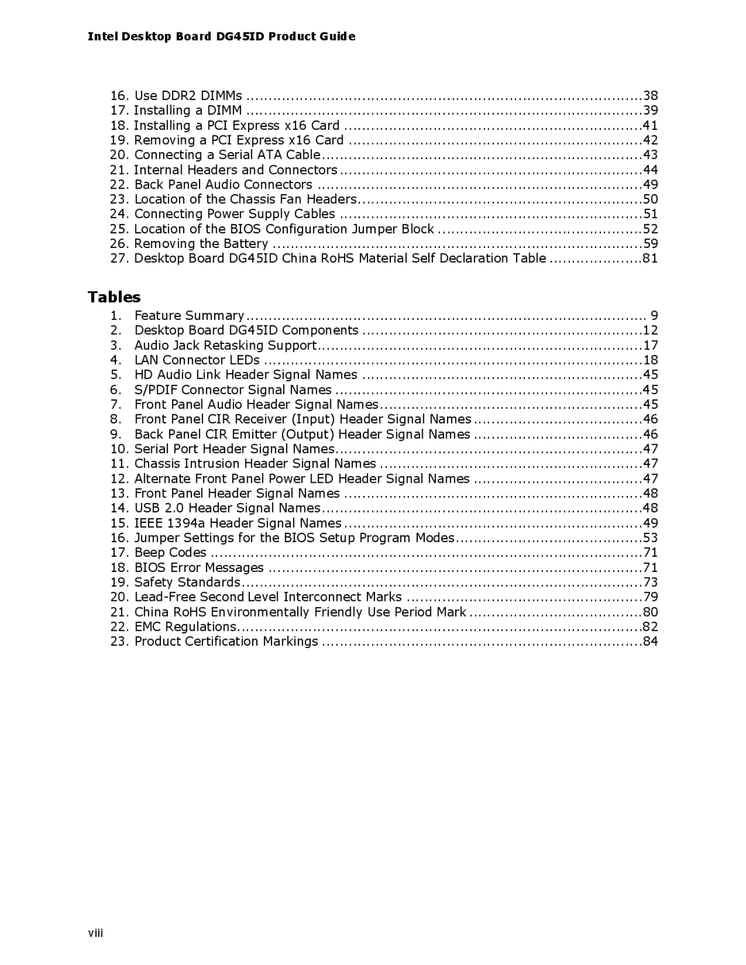 Intel DG45ID manual Tables 