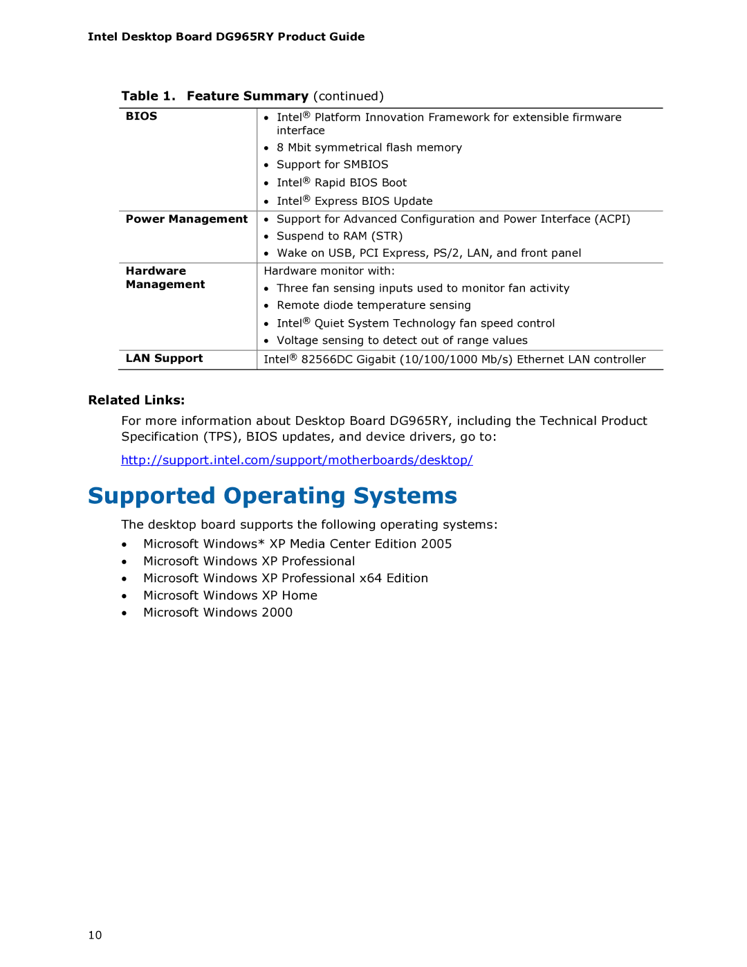 Intel DG965RY manual Supported Operating Systems, Related Links 