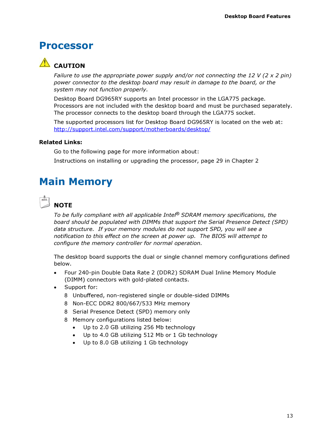 Intel DG965RY manual Processor, Main Memory 