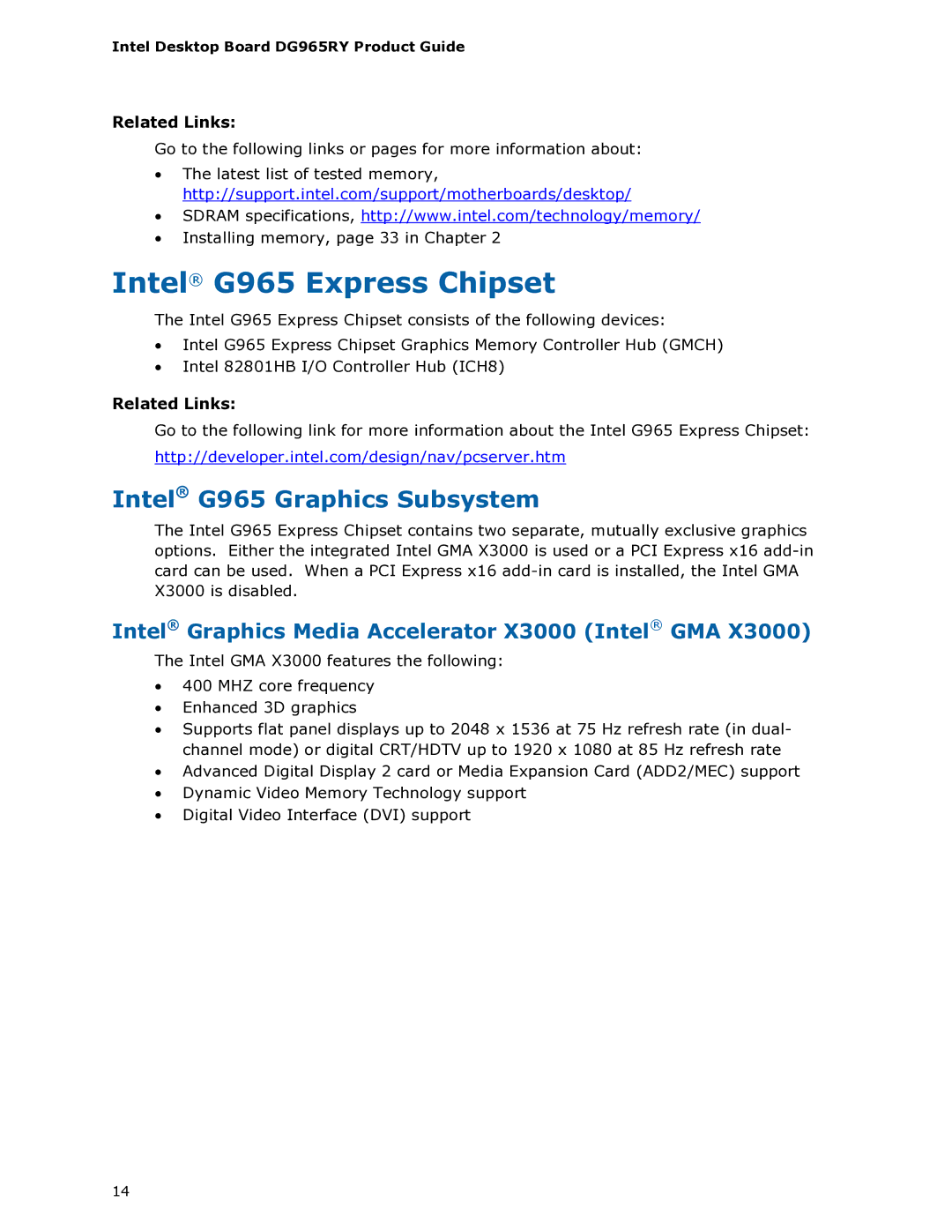 Intel DG965RY manual Intel G965 Express Chipset, Intel G965 Graphics Subsystem 