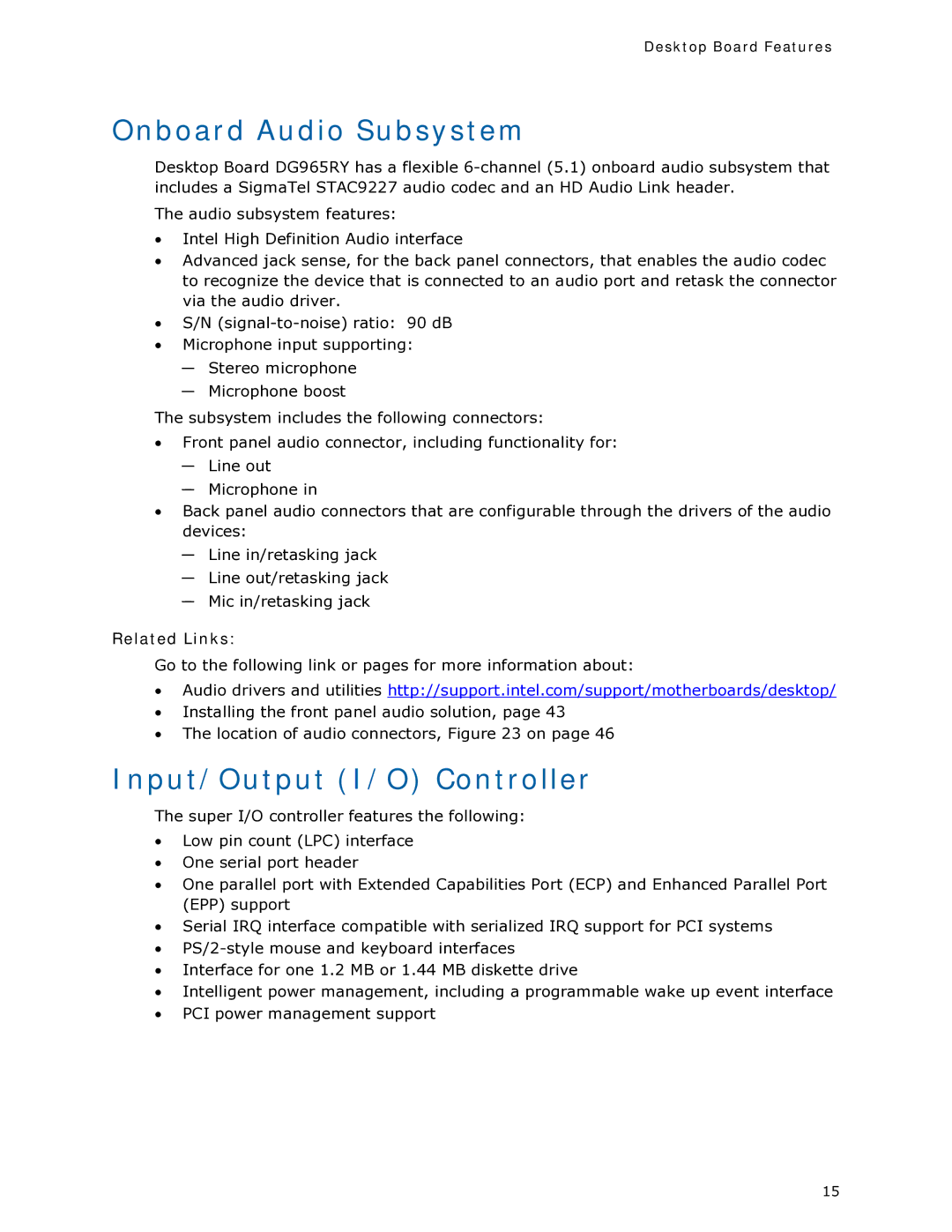 Intel DG965RY manual Onboard Audio Subsystem, Input/Output I/O Controller 