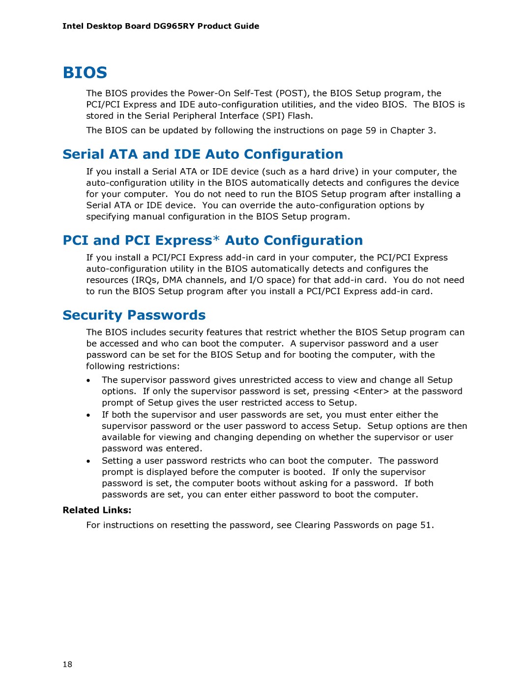 Intel DG965RY manual Serial ATA and IDE Auto Configuration, PCI and PCI Express* Auto Configuration, Security Passwords 