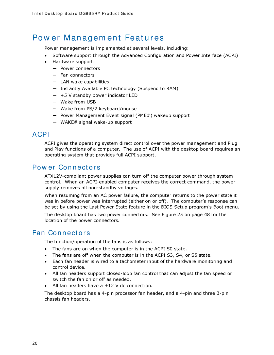 Intel DG965RY manual Power Management Features, Power Connectors, Fan Connectors 