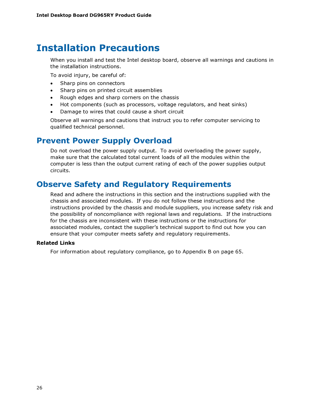 Intel DG965RY manual Installation Precautions, Prevent Power Supply Overload, Observe Safety and Regulatory Requirements 