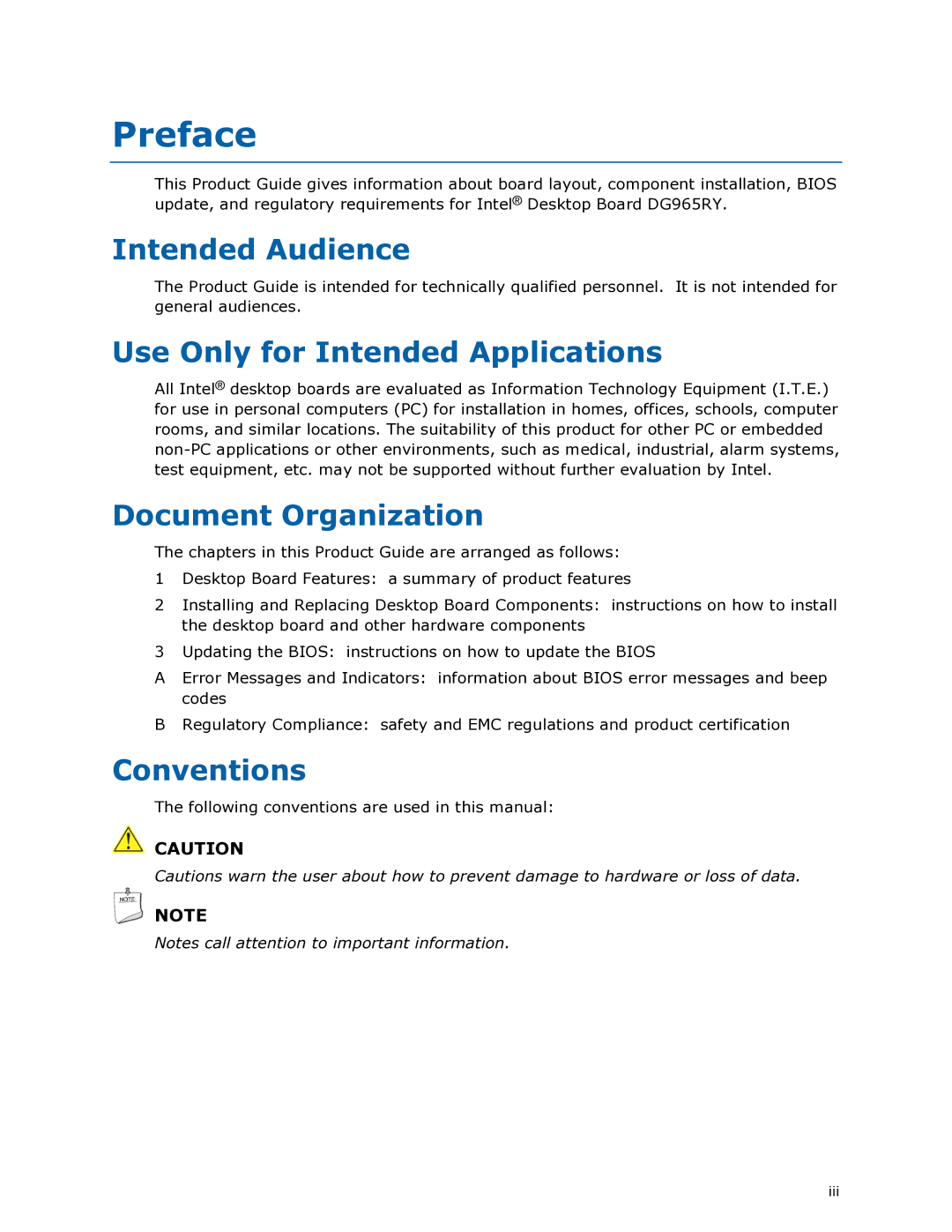 Intel DG965RY manual Preface, Intended Audience, Use Only for Intended Applications, Document Organization, Conventions 