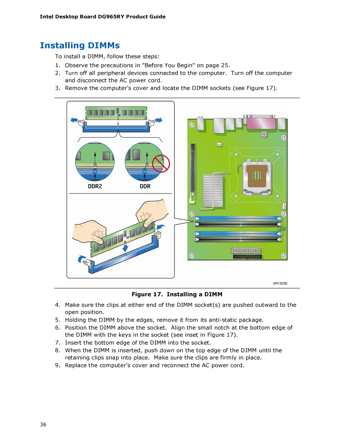 Intel DG965RY manual Installing a Dimm 