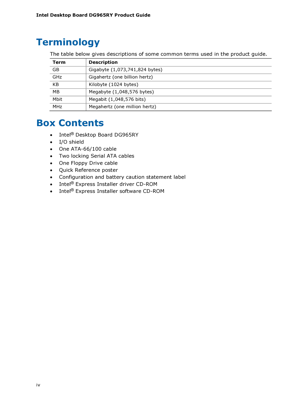 Intel DG965RY manual Terminology, Box Contents 