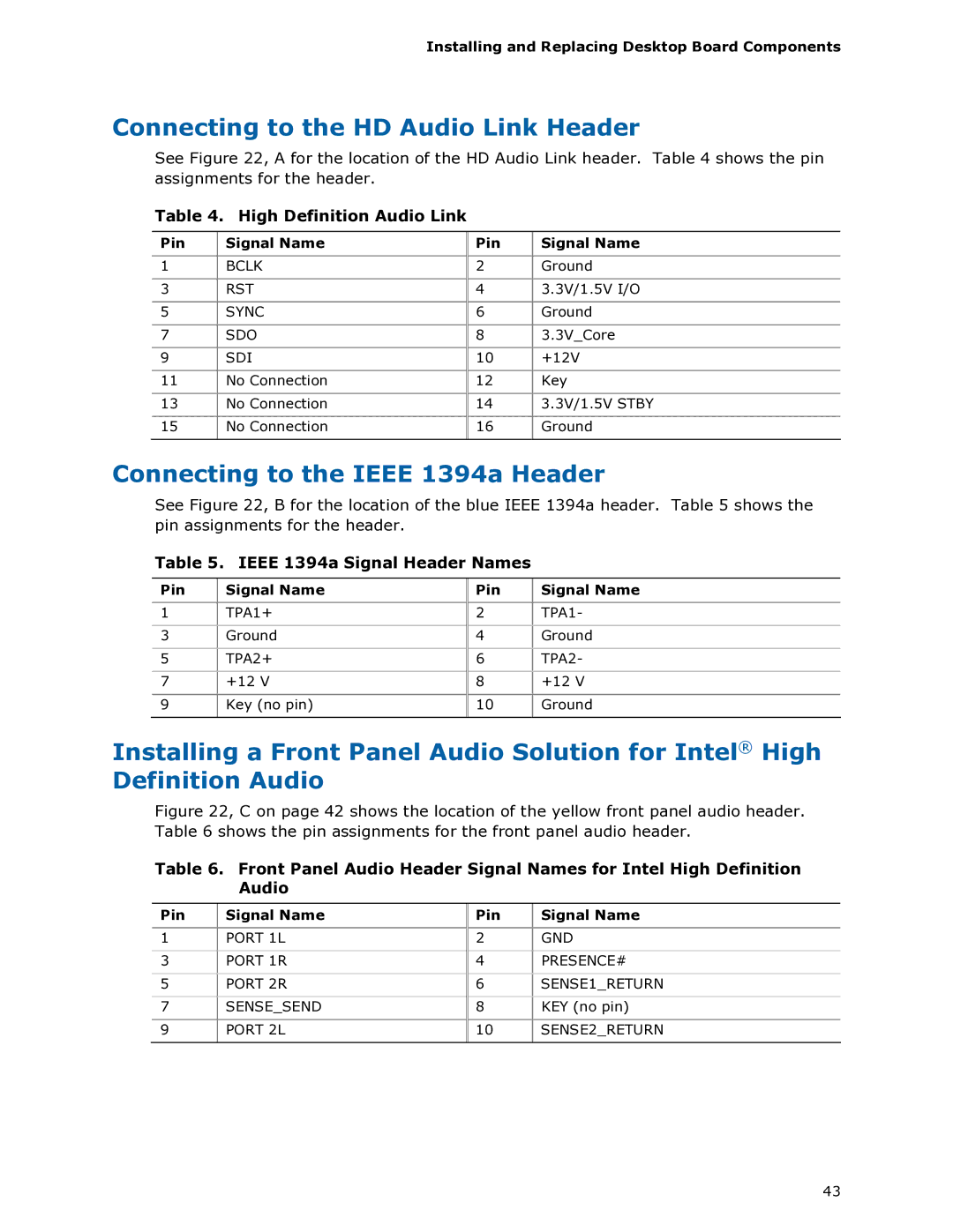 Intel DG965RY Connecting to the HD Audio Link Header, Connecting to the Ieee 1394a Header, High Definition Audio Link 