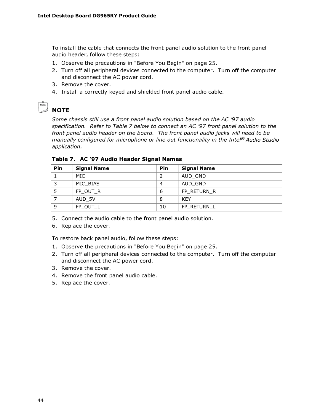 Intel DG965RY manual AC ’97 Audio Header Signal Names 