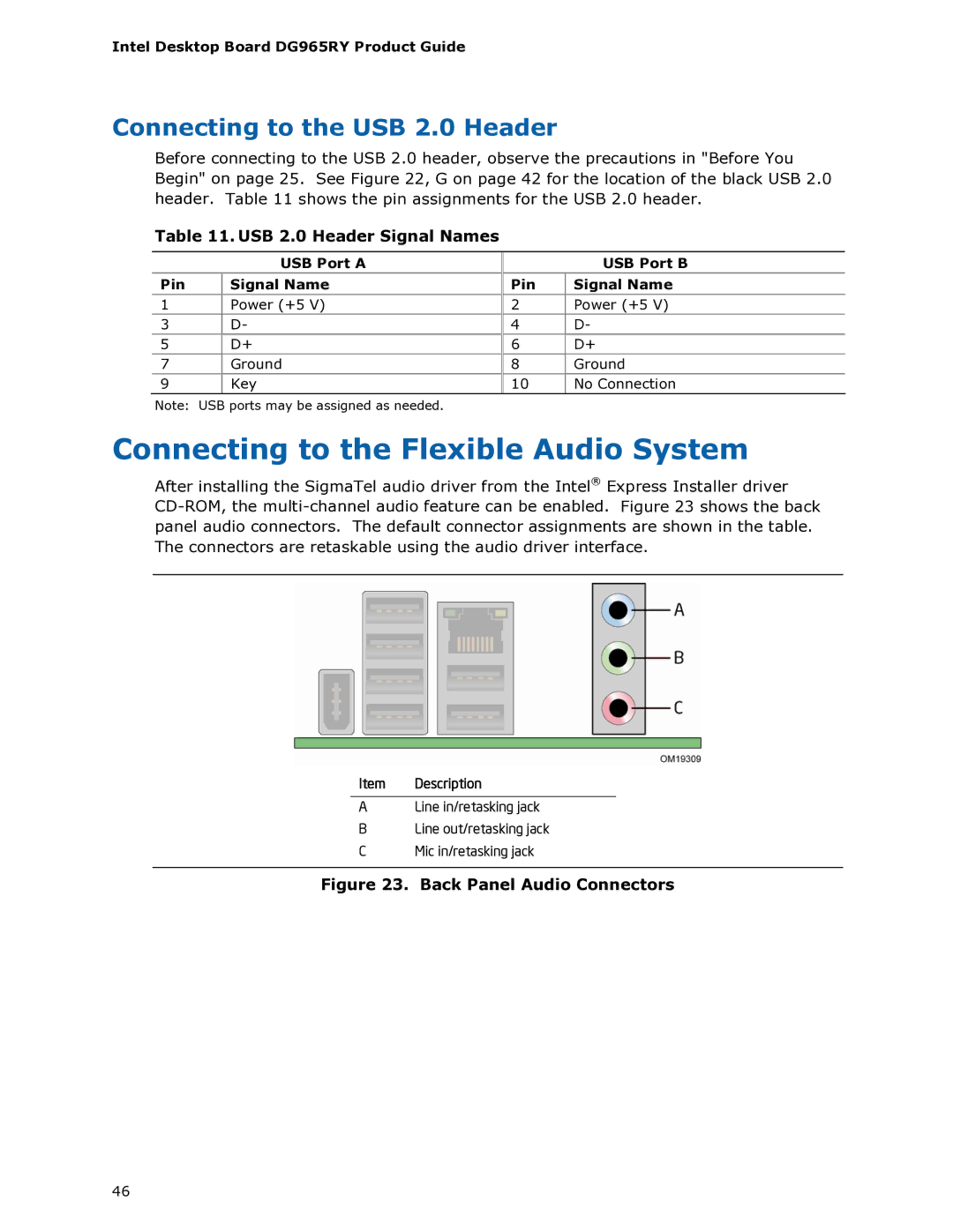 Intel DG965RY manual Connecting to the Flexible Audio System, Connecting to the USB 2.0 Header, USB 2.0 Header Signal Names 