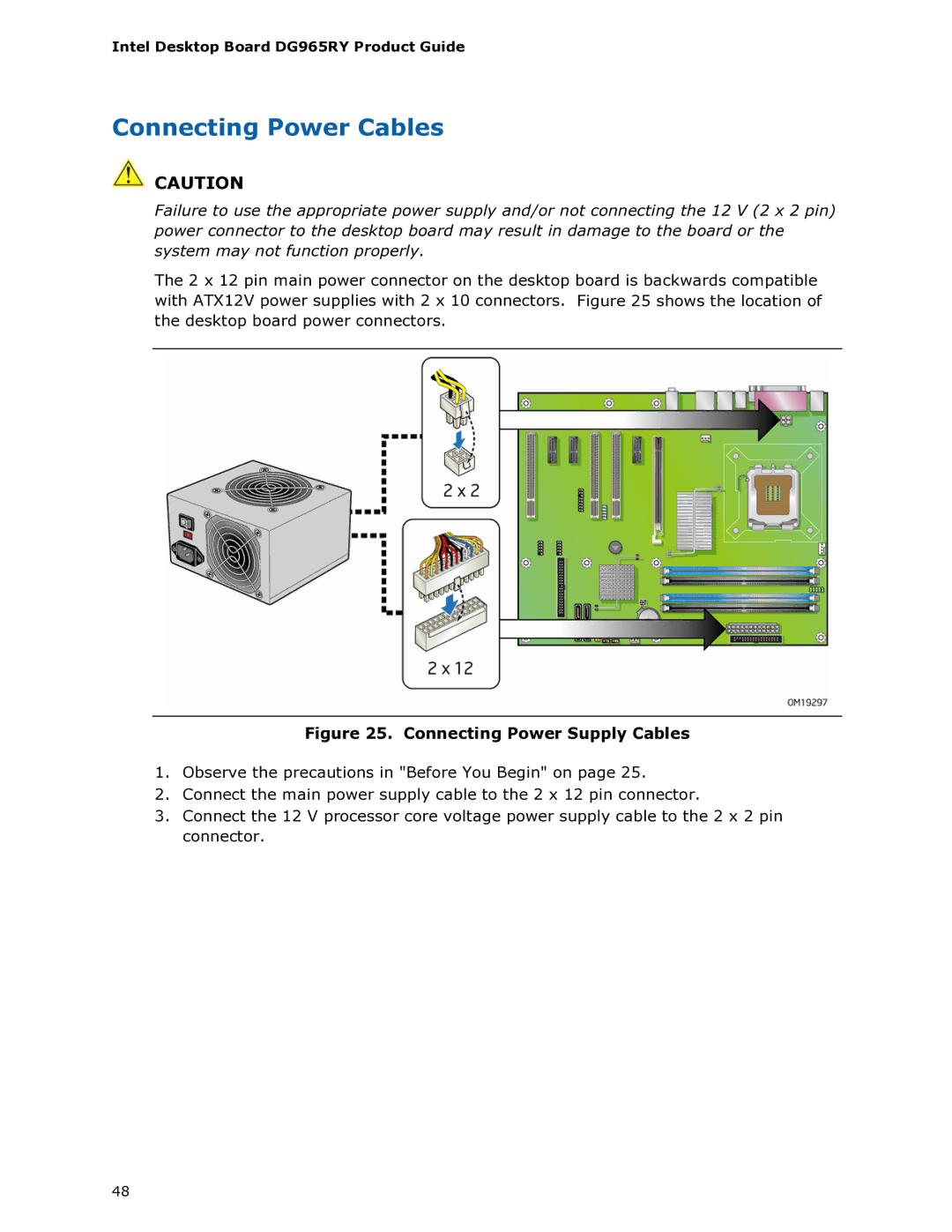 Intel DG965RY manual Connecting Power Cables, Connecting Power Supply Cables 