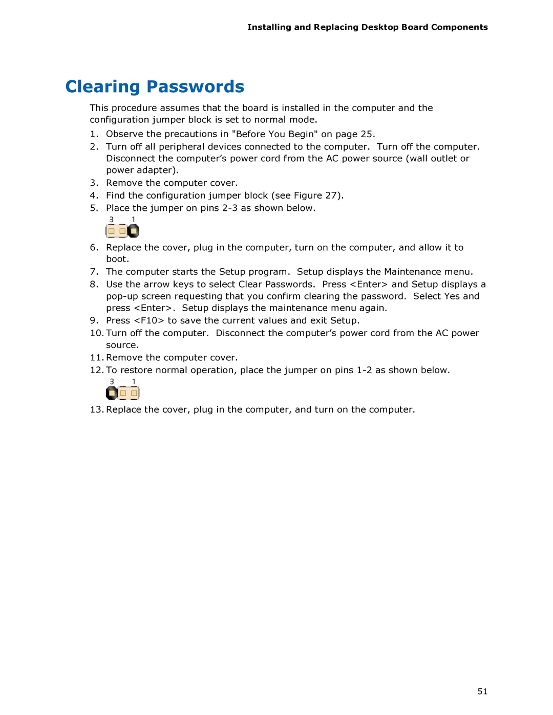 Intel DG965RY manual Clearing Passwords 