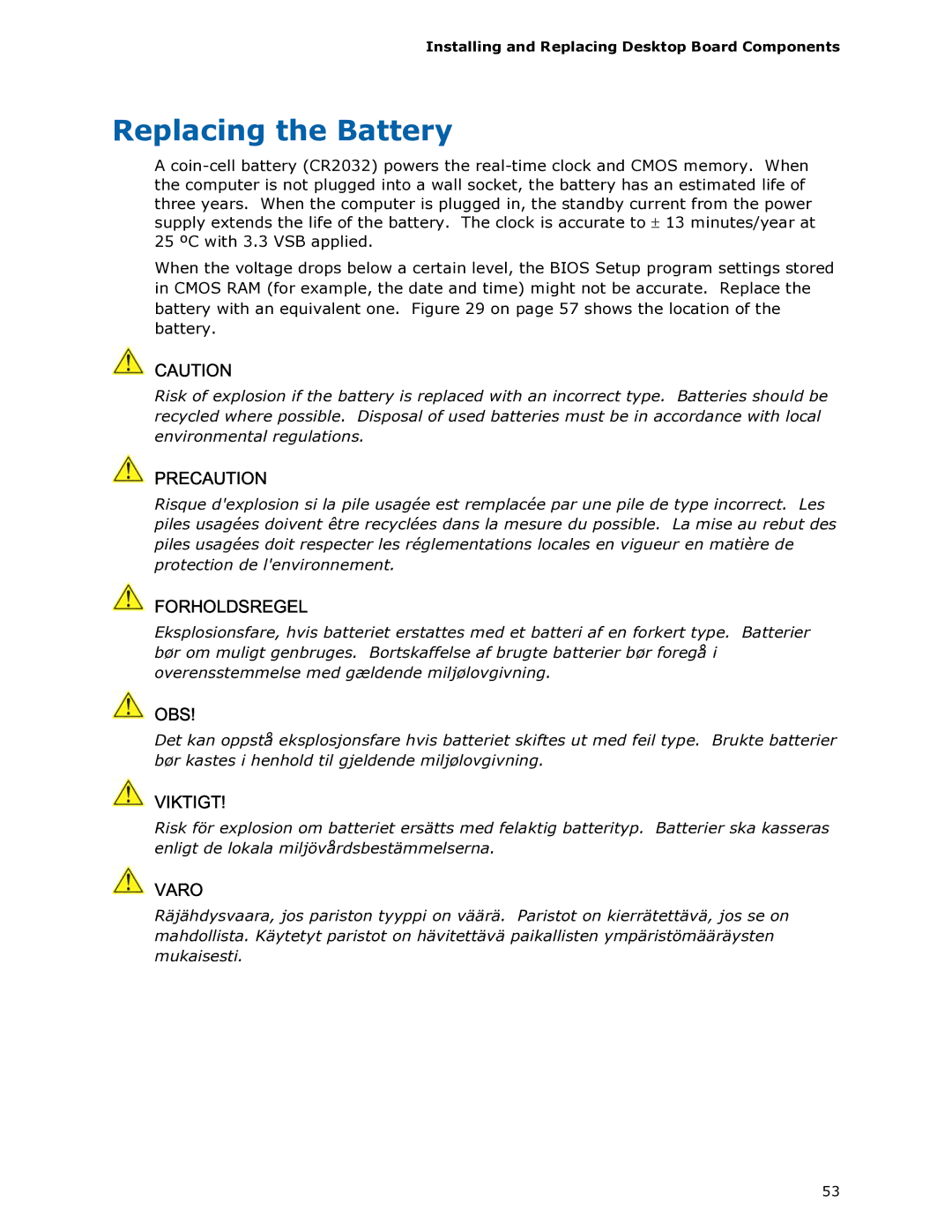 Intel DG965RY manual Replacing the Battery, Precaution 