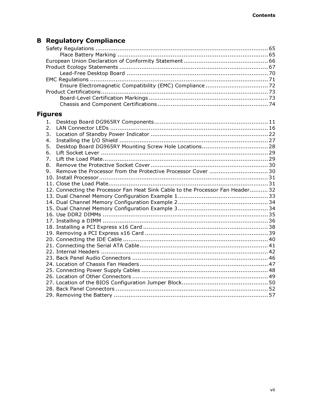 Intel DG965RY manual Regulatory Compliance, Contents 