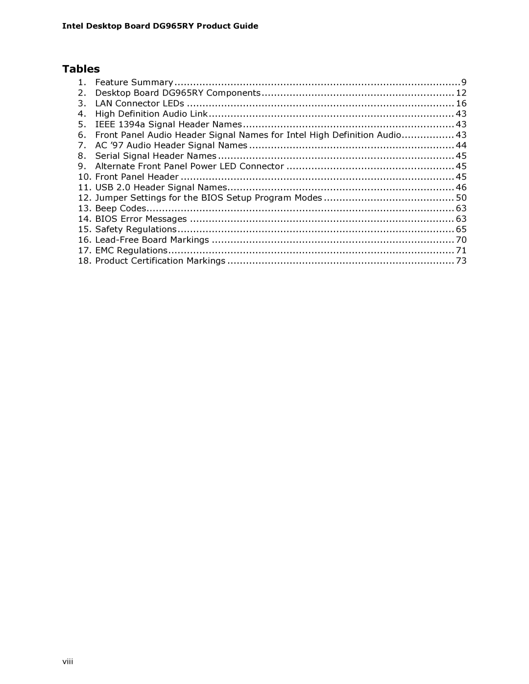 Intel DG965RY manual Tables 