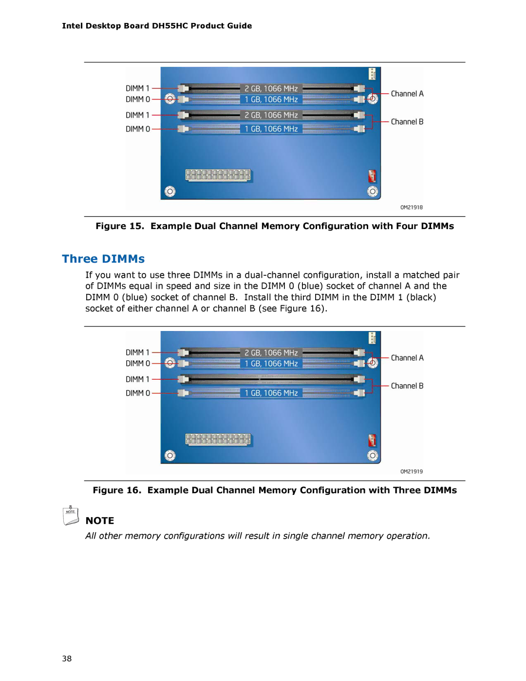 Intel DH55HC manual Three DIMMs, Example Dual Channel Memory Configuration with Four DIMMs 