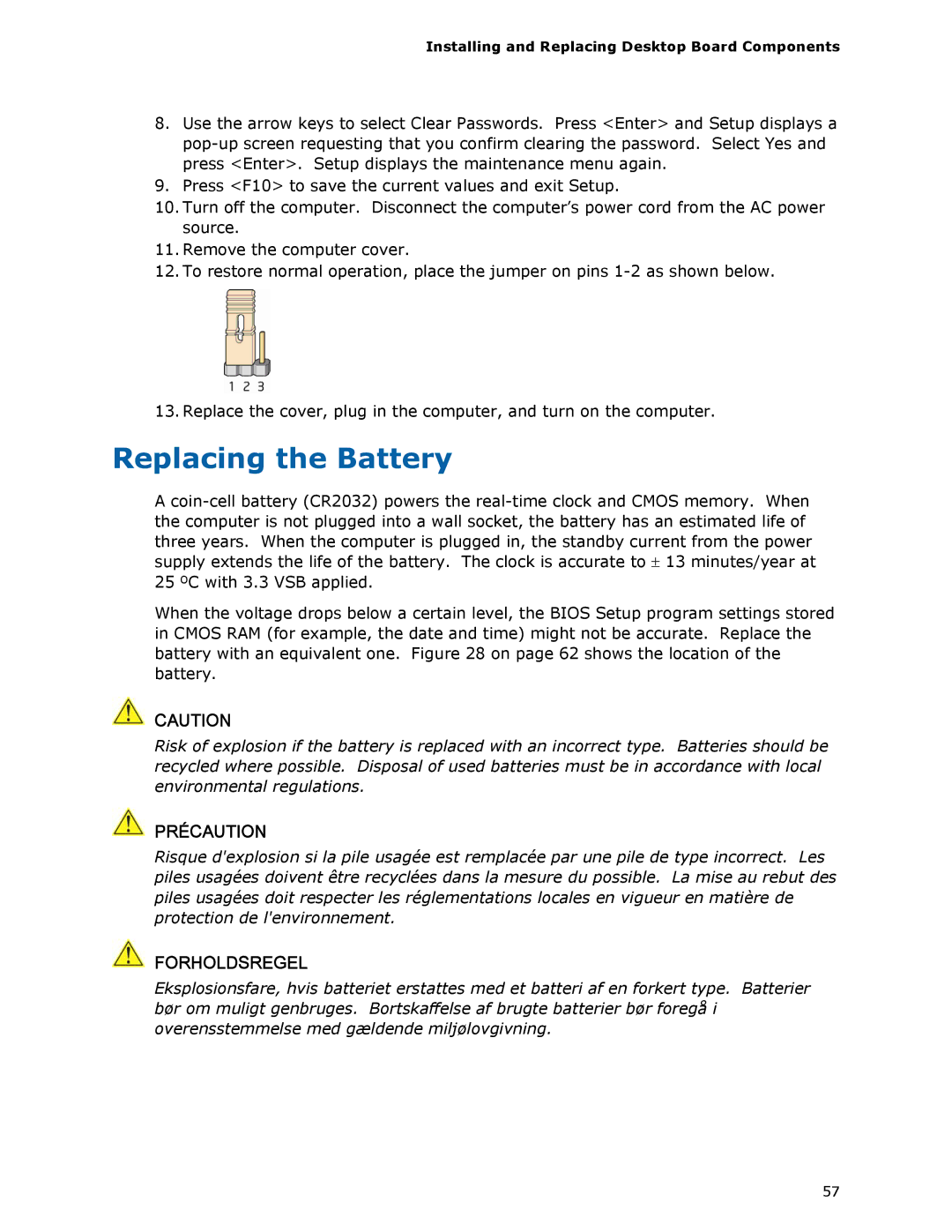 Intel DH55HC manual Replacing the Battery, Précaution 