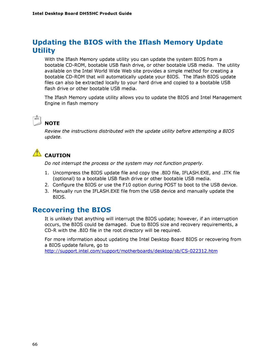 Intel DH55HC manual Updating the Bios with the Iflash Memory Update Utility, Recovering the Bios 