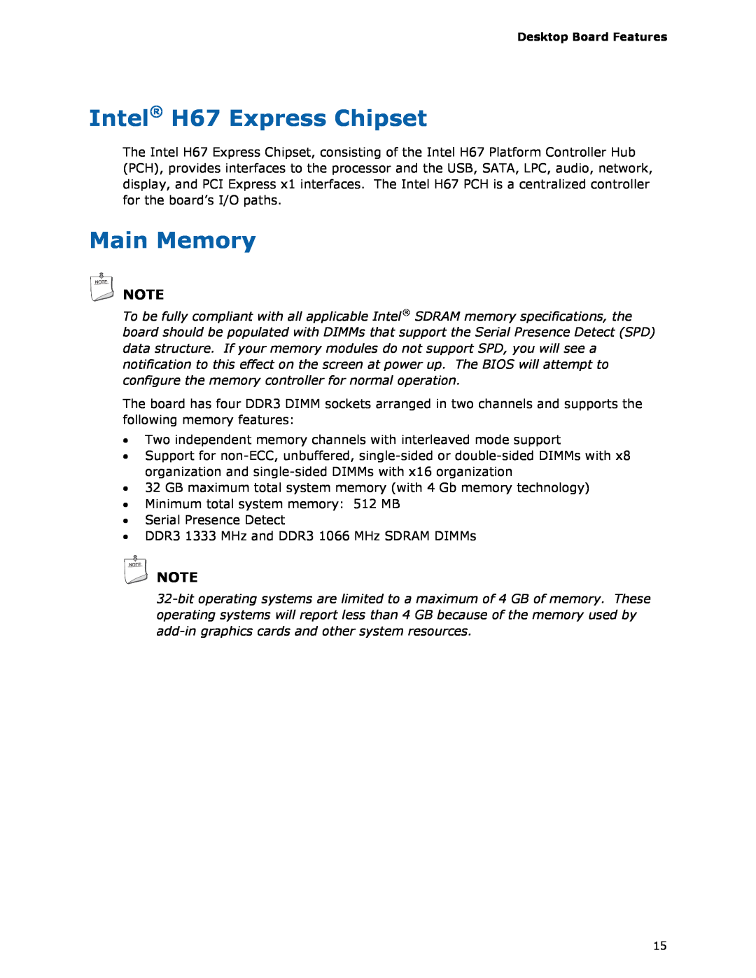 Intel BLKDH67GDB3, G13841-001 manual Intel H67 Express Chipset, Main Memory 