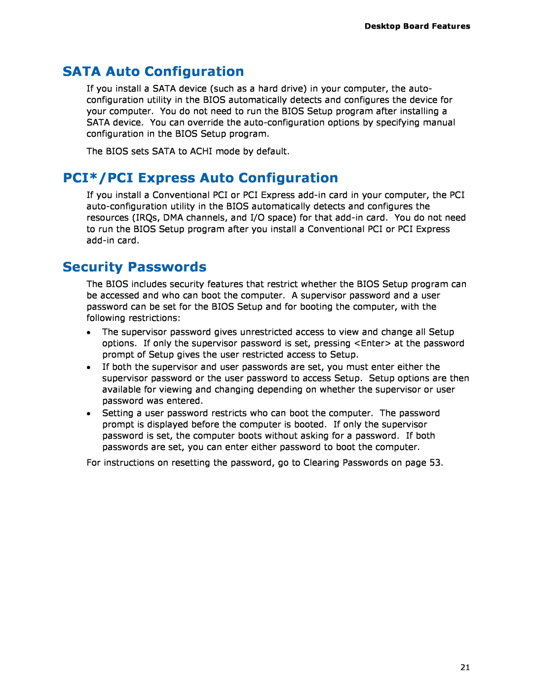 Intel BLKDH67GDB3, G13841-001 manual SATA Auto Configuration, PCI*/PCI Express Auto Configuration, Security Passwords 