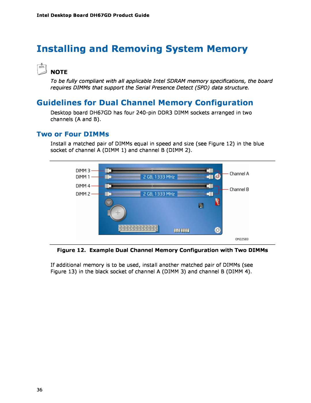Intel DH67GD Installing and Removing System Memory, Guidelines for Dual Channel Memory Configuration, Two or Four DIMMs 