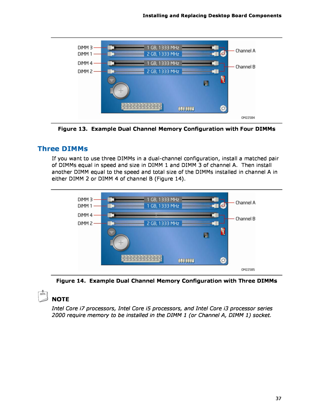 Intel BLKDH67GDB3, G13841-001 manual Three DIMMs, Example Dual Channel Memory Configuration with Four DIMMs 
