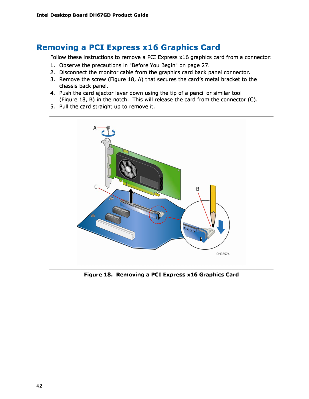 Intel BLKDH67GDB3, G13841-001 manual Removing a PCI Express x16 Graphics Card 