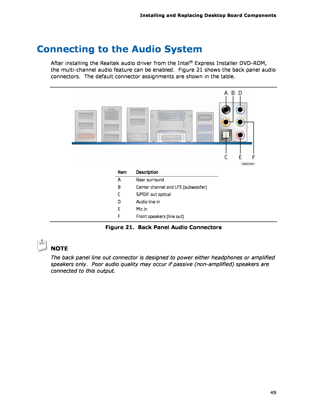 Intel BLKDH67GDB3, G13841-001 manual Connecting to the Audio System, Back Panel Audio Connectors 