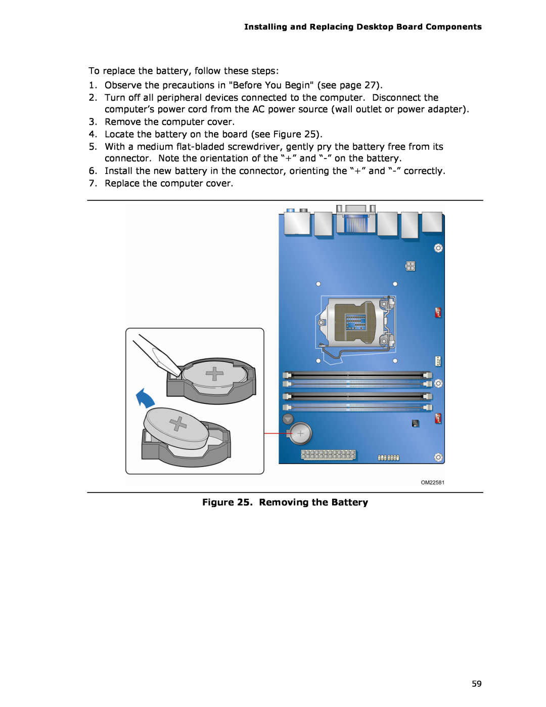 Intel G13841-001, BLKDH67GDB3 manual Removing the Battery 